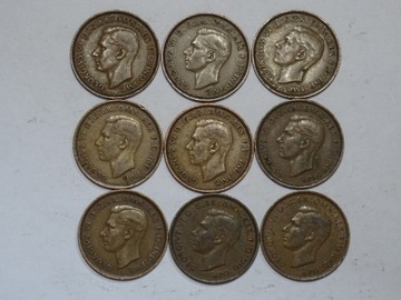 Wielka Brytania 9 monet 1 pens 1937-1948 rok każda inna-L012