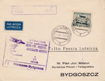 1929 PIERWSZY LOT WARSZAWA-BYDGOSZCZ,.Par avion