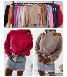 Nowy ciepły różowy sweter damski z chokerem S/M
