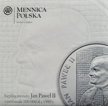 200 000 ZŁOTYCH 1989 JAN PAWEŁ II ST. L – REPLIKA