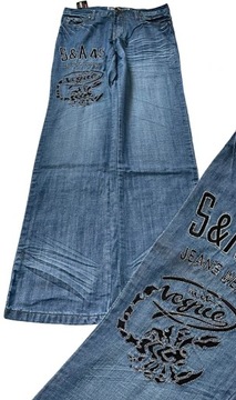 Szerokie jeansowe spodnie dzwony z haftem scorpion vintage y2k