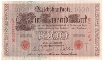 Niemcy, banknot 1000 marek 1910 - st. -1/+2