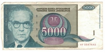 Jugosławia 5000 Dinara, 1992 r obiegowy