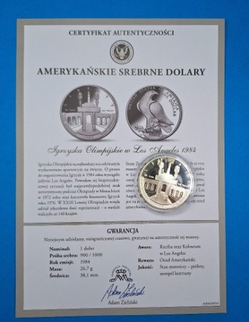 USA 1 dolar 1984, olimpiada Los Angeles, Ag 0,900