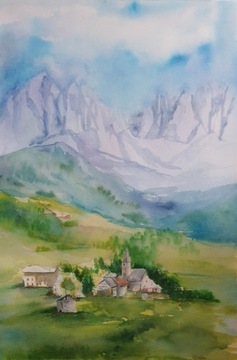 Akwarela ręcznie malowana 55x37 Pejzaż góry