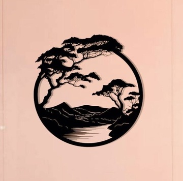 Drzewa i Góry, Japoński styl. Obraz z drewna