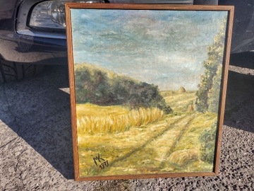 stary obraz olejny - Pole na wsi 38 x 42 cm 1979 r