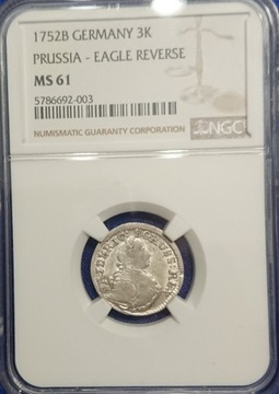 3 krajcary 1752 r. Prusy-Wrocław NGC MS61