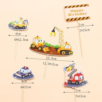 Toppery na tort koparka dźwig autko 5 elementów