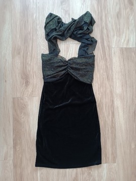 Mała czarna welurowa sukienka z wiązaniem na szyi