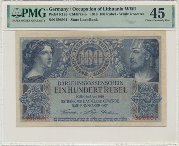 100 Rubli 1916 PMG 45 rzadki banknot 100 marek 1918 kowno ost