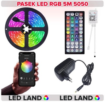 LEDY 5M RGB 5050 STEROWANE APLIKACJĄ I PILOTEM 12V