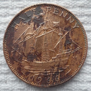 Brytania Elżbieta II 1/2 penny pens 1966 Żaglowiec