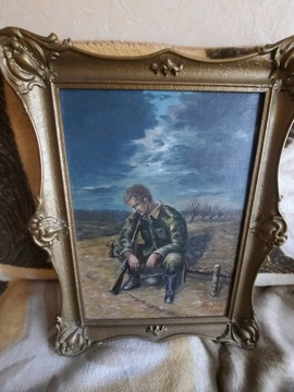 Zołnierz w czasie odpoczynku - obraz olejny.