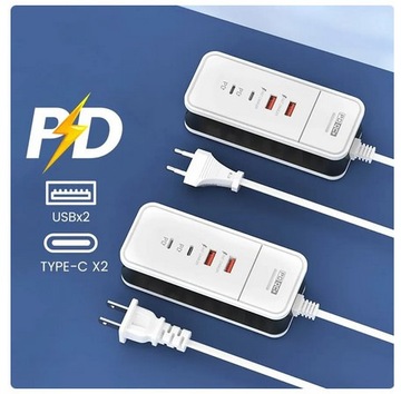 4 portowa ładowarka USB QC 3.0 PD 50W kabel