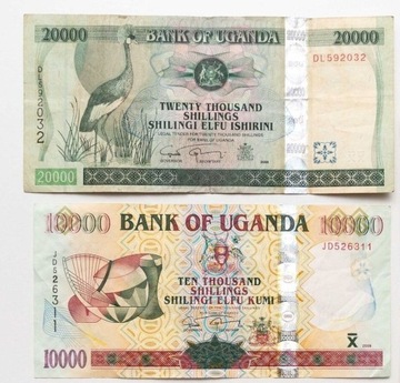 Banknoty 20000-1000 szylingi Uganda zestaw 4 szt.