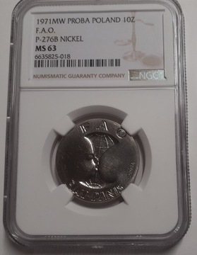 PRÓBA NIKIEL 10 zł 1971 FAO FIAT PANIS NGC MS63