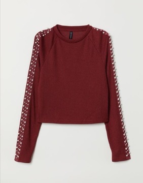 H & M krótki prążkowany sweter zdobiony perełkami