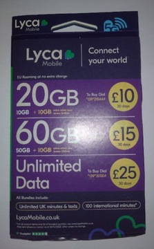 Aktywna Karta SIM Lyca UK roaming UE do 35GB