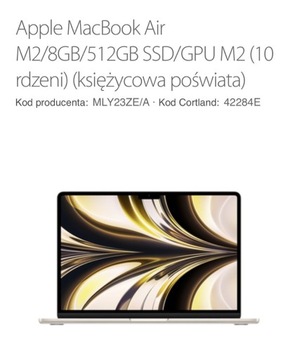 Apple MacBook Air M2 8/512GB Księżycowa Poświata