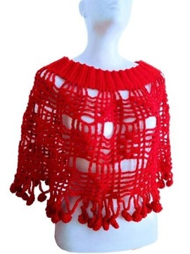 Czerwona narzutka poncho szal chusta Handmade 