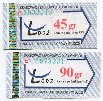 Bilet  Lokalny Transport Zbiorowy Łódź- 45gr, 90gr