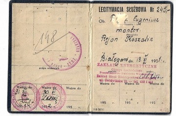 Legitymacja pracownicza - ZE Białogard 19.11.1951r