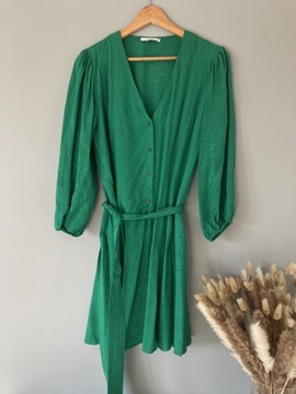 Reserved zielona sukienka na wiosnę wiskoza bufiaste rękawy M