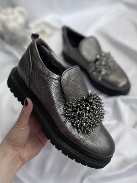 Antracytowe metaliczne buty loafersy Baldinini 38