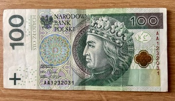 banknot 100 zł serii AA123