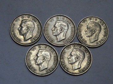 Wielka Brytania 5 monet 1 shilling 1947-1951 rok każda inna-L013