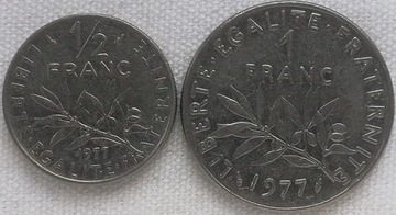 Francja 1/2 i 1 franc 1977, KM#931.1 i KM#925.1