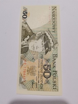 Banknot 50 złotych 1988r. przesunięty nadruk UNC1