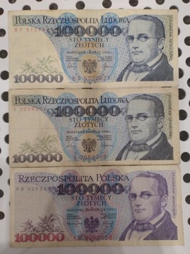 Banknoty prl 100000 złotych 3 sztuki serie AB BT S