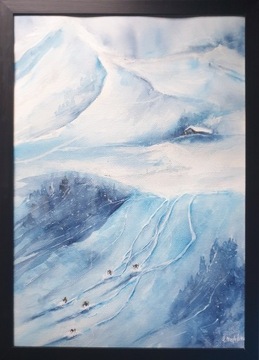 Akwarela oryginalna "Zima w górach"+rama drewniana
