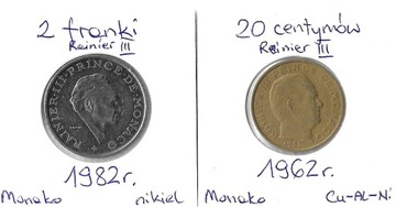 MONAKO, zestaw: 20 centymów 1962, 2 franki 1982 