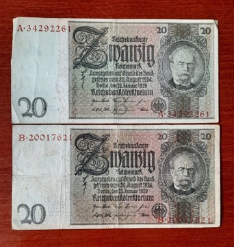 Banknoty 20 marek niemieckich 1929 r ser. A , B