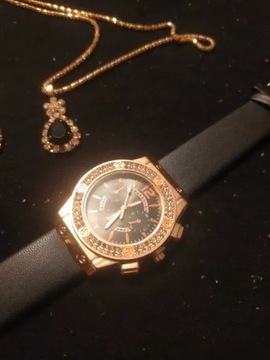 Złoto czarny Zegarek damski kwarcowy + biżuteria