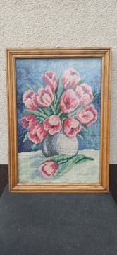 Obraz haftowany w drewnianej ramie (kwiaty)