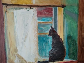 Kot w oknie, obraz na płótnie, rękodzieło