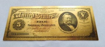 Banknot pozłacany 24k  5 dolarów USA 1886 rok