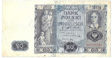 Banknot Polska II RP 20 złotych zł 1936 rok Seria BE Stan III+ VF+