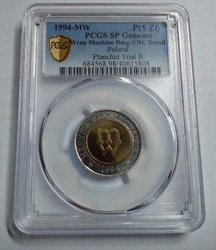 5 zł 1994, Warszawa, PRÓBA TŁOCZENIA PCGS UNC DETA