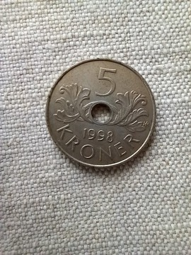 Moneta Norwegia 5 Kroner 1998 roku