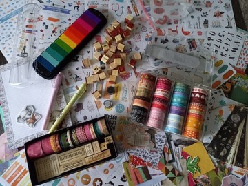 Zestaw do scrapbooking - naklejki, papiery, washi