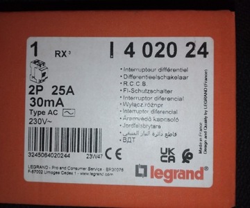 Wyłącznik różnicowo prądowy Legrand RX3 2P 25A 30mA