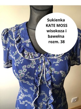 Sukienka Kate Moss vintage szafirowa w kwiatki wiskoza bawełna