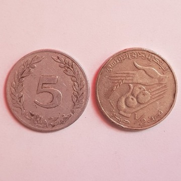 Monety, Tunezja 5 milimów 1960 i 1/2 dinara 2007