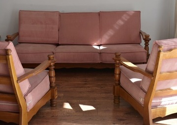 Dębowy zestaw wypoczynkowy vintage sofa fotele 