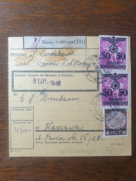 NOWY KORCZYN 1940 przekaz pocztowy WARSZAWA